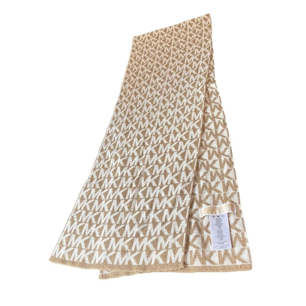 MICHAEL KORS Scarf Women’s Camel Knit Monogram MK Signature Logo Long Rectangle
